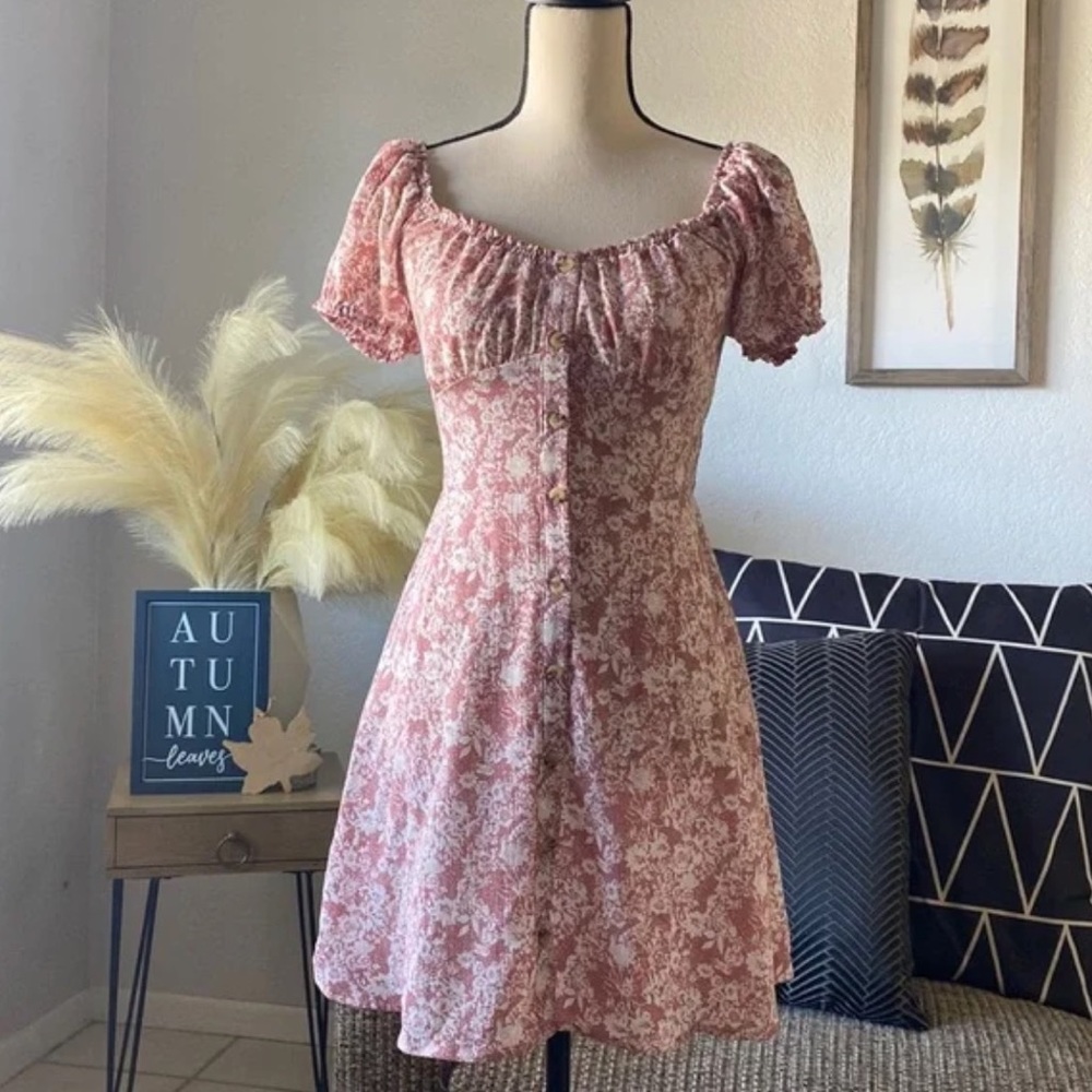 Pink Floral Blue Hearts Button Dress